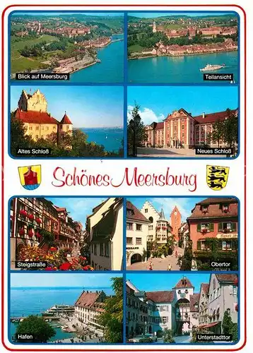 AK / Ansichtskarte Meersburg Bodensee Fliegeraufnahme Seepartien altes und neues Schloss Hafen Obertor Steigstrasse Unterstadttor Kat. Meersburg