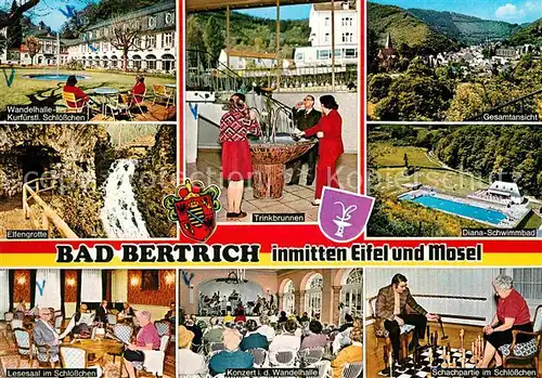 AK / Ansichtskarte Bad Bertrich Eifel Mosel Wandelhalle Trinkbrunnen Schachspiel im Schloesschen Lesesaal Kat. Bad Bertrich
