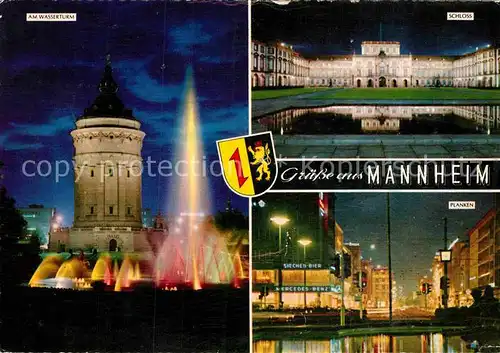 AK / Ansichtskarte Mannheim Wasserturm Fontaene Schloss Planken Nachtaufnahmen Kat. Mannheim