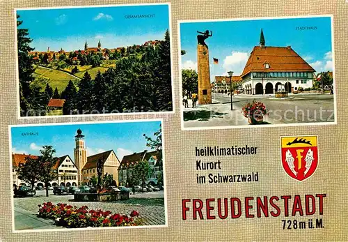 AK / Ansichtskarte Freudenstadt Kurort im Schwarzwald Stadthaus Denkmal Rathaus Brunnen Wappen Kat. Freudenstadt