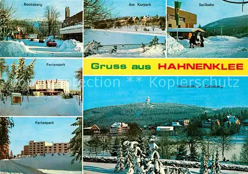 AK / Ansichtskarte Hahnenklee Bockswiese Harz Winterpanorama mit Bocksberg Ferienpark Kurpark Seilbahn Kat. Goslar