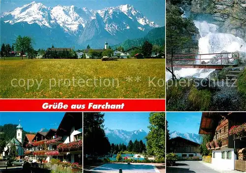 AK / Ansichtskarte Farchant Gesamtansicht mit Alpenpanorama Wasserfall Ortsmotiv mit Kirche Freibad Kat. Farchant