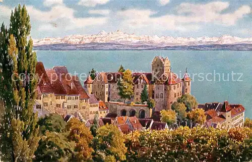 AK / Ansichtskarte Meersburg Bodensee Blick auf Saentismassiv Kuenstlerkarte Kat. Meersburg