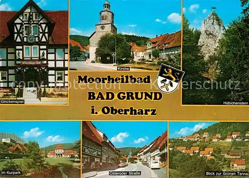 AK / Ansichtskarte Bad Grund Glockenspiel Kirche Huebichenstein Gruene Tanne Osteroder Strassen Kurpark Kat. Bad Grund (Harz)