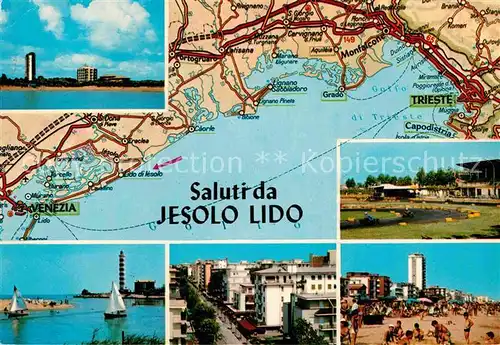 AK / Ansichtskarte Jesolo Carta Automobilistica Autokarte Teilansichten Strand Hafen Leuchtturm
