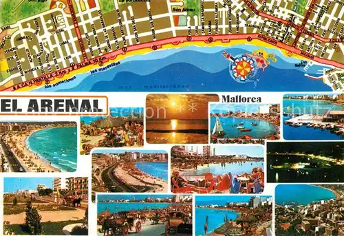 AK / Ansichtskarte El Arenal Mallorca Teilansichten Urlaubsort Strand Sonnenuntergang am Meer Stadtplan Kat. S Arenal