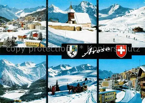 AK / Ansichtskarte Arosa GR Winterpanorama Skiregion Alpen Kapelle Pferdeschlitten Kat. Arosa