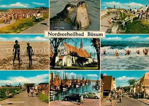 AK / Ansichtskarte Buesum Nordseebad Seehunde Alleestrasse Fischerflotte Hafen Kirche  Kat. Buesum
