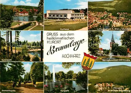 AK / Ansichtskarte Braunlage Kurhaus Springbrunnen Kirche Fliegeraufnahme Wurmberg  Kat. Braunlage Harz