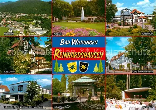 AK / Ansichtskarte Bad Wildungen Cafe Schwanenteich Schachpavillon MediClin Reha Zentrum Hahnberg Muehle Kat. Bad Wildungen