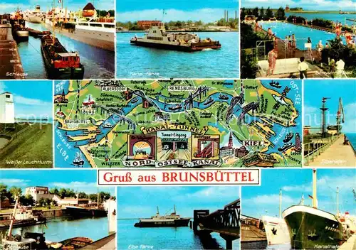 AK / Ansichtskarte Brunsbuettel Schleuse Kanalfaehre Schwimmbad Leuchtturm Hafen Hochseeschiff Landkarte Kat. Brunsbuettel