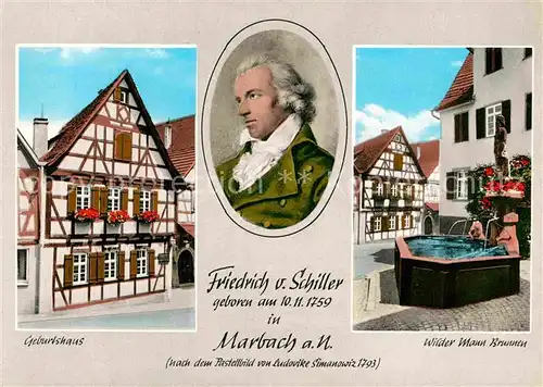 AK / Ansichtskarte Marbach Neckar Geburtshaus Friedrich von Schiller Portrait Pastellbild von Ludovike Simanowiz Wilder Mann Brunnen Kat. Marbach am Neckar