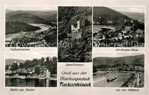 AK / Ansichtskarte Neckarsteinach Fliegeraufnahme Burgruine Schwalbennest Vier Burgen Blick Neckarpartie Schleuse Kat. Neckarsteinach