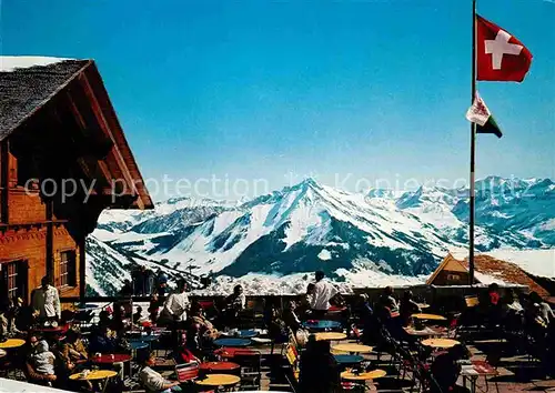 AK / Ansichtskarte Leysin La Berneuse Bergrestaurant Terrasse Alpenpanorama Schweizer Flagge Kat. Leysin