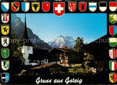 AK / Ansichtskarte Gsteig Ortsmotiv mit Kirche Blick zum Oldenhorn Les Diablerets Wappen Kat. Gsteig