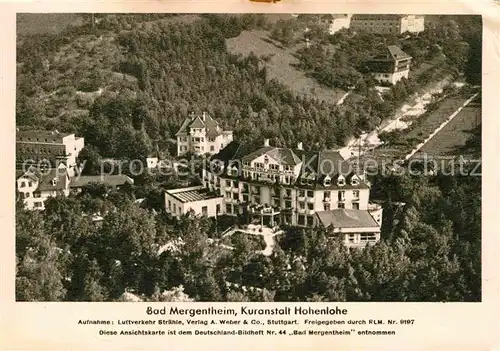 AK / Ansichtskarte Bad Mergentheim Fliegeraufnahme Kuranstalt Hohenlohe Kat. Bad Mergentheim