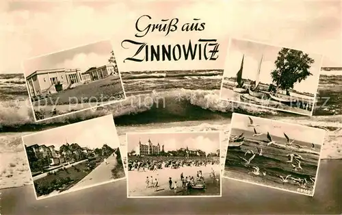 AK / Ansichtskarte Zinnowitz Ostseebad Strand Hotel Promenade Bootsanleger Moewen