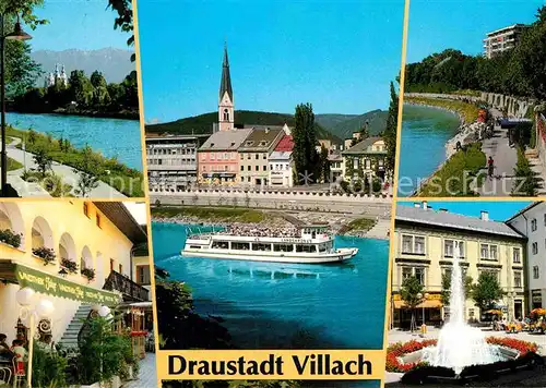 AK / Ansichtskarte Villach Kaernten Partie an der Drau Kirche Gaststaette Restaurant Brunnen Ausflugsboot Kat. Villach