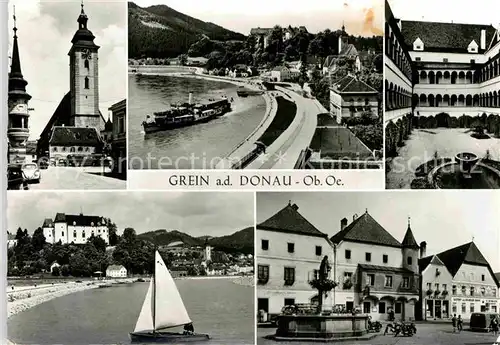 AK / Ansichtskarte Grein Donau Oberoesterreich Kirche Uferstrasse Dampfer Brunnen Marktplatz Segelboot Kat. Grein