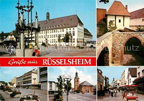AK / Ansichtskarte Ruesselsheim Main Brunnen Rathaus Burg Kirche Fussgaengerzone Kat. Ruesselsheim