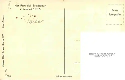 AK / Ansichtskarte Adel Niederlande Prinselijk Bruidspaar 7 Januari 1937 Kat. Koenigshaeuser