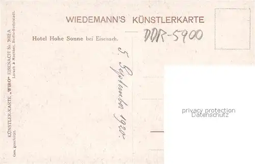 AK / Ansichtskarte Verlag Wiedemann WIRO Nr. 3602 A Hotel Hohe Sonne Eisenach  Kat. Verlage