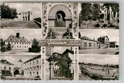 AK / Ansichtskarte Gruenstadt Kriegerdenkmal Roehrbrunnen St Peterspark Post Bahnhof Amtsgericht Leiniger Tor Schwimmbad Kat. Gruenstadt