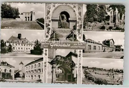 AK / Ansichtskarte Gruenstadt Kriegerdenkmal Roehrbrunnen St Peterspark Post Bahnhof Amtsgericht Leiniger Tor Schwimmbad Kat. Gruenstadt