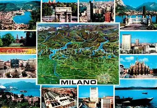 AK / Ansichtskarte Milano Landkarte Fliegeraufnahme Scala Brunnen Triumphbogen Bahnhof Kat. Italien