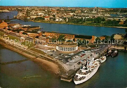 AK / Ansichtskarte Wilhelmshaven Nordseebad Suedstrand mit Strandhalle und MS Wilhelmshaven Fliegeraufnahme Kat. Wilhelmshaven