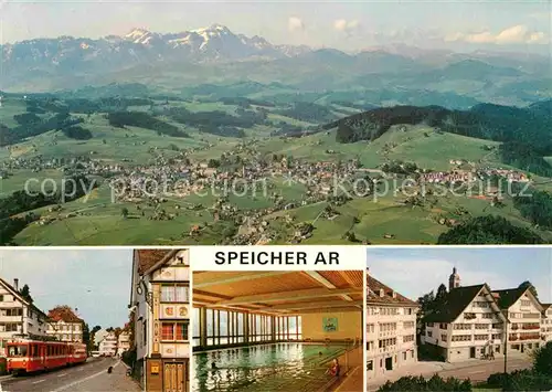 AK / Ansichtskarte Speicher AR Panorama Appenzellerland Alpen Strassenbahn Hallenbad Ortsmotiv