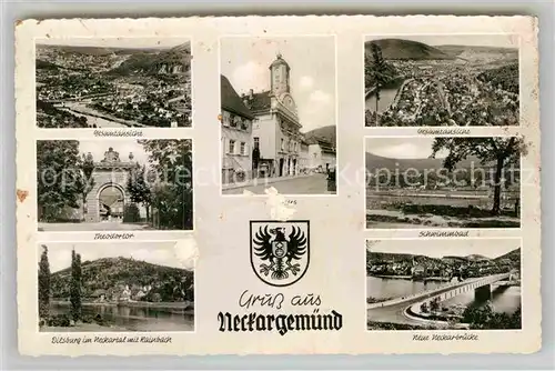 AK / Ansichtskarte Neckargemuend Panorama Theodortor Dilsberg mit Rainbach Rathaus Schwimmbad Neckarbruecke Kat. Neckargemuend