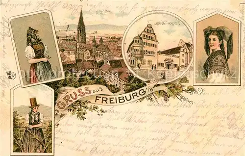 AK / Ansichtskarte Freiburg Breisgau Schwarzwaldtrachten Muenster Alte Universitaet Kat. Freiburg im Breisgau