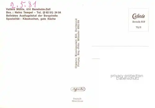 AK / Ansichtskarte Zell Bensheim Vetters Muehle Fliegeraufnahme Kat. Bensheim