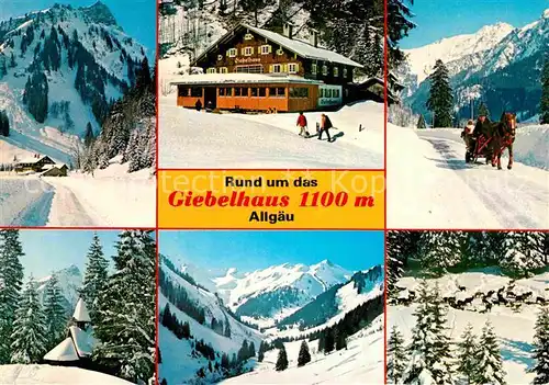 AK / Ansichtskarte Hindelang Rund um das Giebelhaus Winterpanorama Allgaeuer Alpen Pferdeschlitten Kat. Bad Hindelang