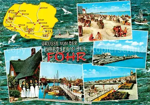 AK / Ansichtskarte Insel Foehr Hafen Strand Trachtengruppe Landkarte Kat. Wyk auf Foehr