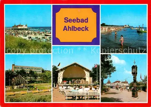 AK / Ansichtskarte Ahlbeck Ostseebad Strand Seebruecke Erholungsheim Max Kreuziger Konzertpavillon Kat. Heringsdorf Insel Usedom