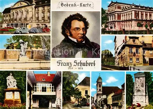 AK / Ansichtskarte Schubert Franz Gedenkkarte Konzerthaus Musikvereinshaus Dreimaederlhaus Wien  Kat. Persoenlichkeiten