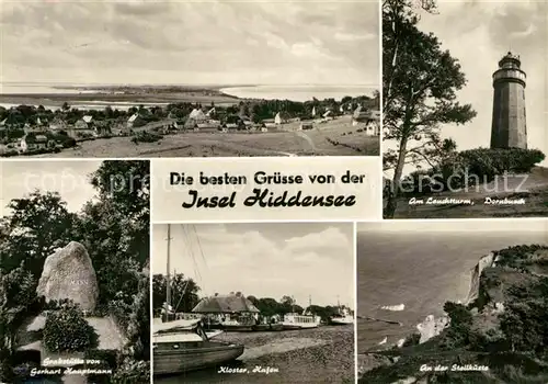 AK / Ansichtskarte Insel Hiddensee Panorama Dornbusch Leuchtturm Steilkueste Kloster Hafen Grabstaette von Gerhart Hauptmann Kat. Insel Hiddensee