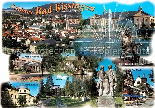 AK / Ansichtskarte Bad Kissingen Stadtpanorama Max Brunnen Fontaene Rosengarten Regentenbau Denkmal Kurhausbad Saline Markt Kat. Bad Kissingen