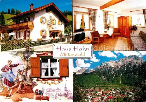 AK / Ansichtskarte Mittenwald Bayern Pension Gaestehaus Haus Hahn Fassadenmalerei Alpenpanorama Huber Karte Nr 11.087 Kat. Mittenwald