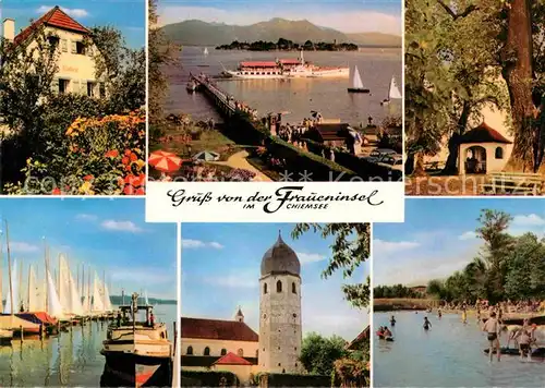 AK / Ansichtskarte Fraueninsel Chiemsee Bootssteg Faehre Kloster Kirche Strand Hafen Kat. Chiemsee