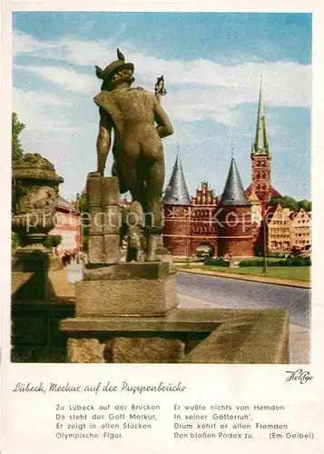 AK / Ansichtskarte Luebeck Merkur auf der Puppenbruecke Statue Gedicht Em. Geibel Kat. Luebeck