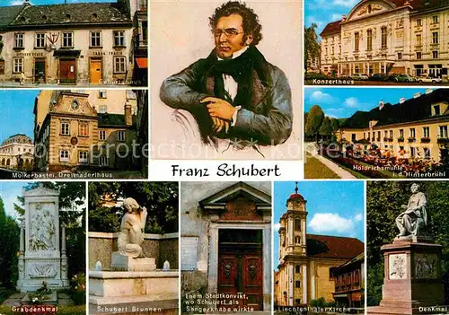 AK / Ansichtskarte Schubert Franz Geburtshaus Konzerthaus Hoeldrichsmuehle Grabdenkmal Kat. Persoenlichkeiten