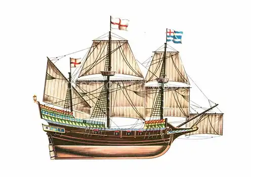 AK / Ansichtskarte Schiffe Ships Navires Fregatte Golden Hind ex Pelican um 1570 Zeichnung Swoboda 