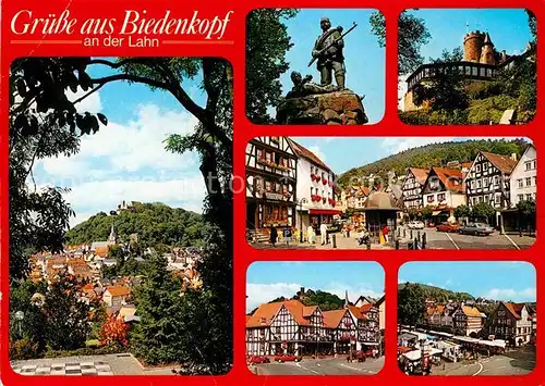 AK / Ansichtskarte Biedenkopf Blick ueber die Stadt Denkmal Statue Schloss Fachwerkhaeuser Marktplatz Postverteilung Kat. Biedenkopf