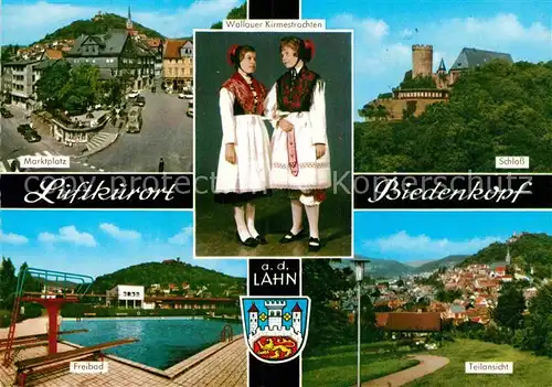 AK / Ansichtskarte Biedenkopf Marktplatz Wallauer Kirmestrachten Schloss Freibad Kat. Biedenkopf