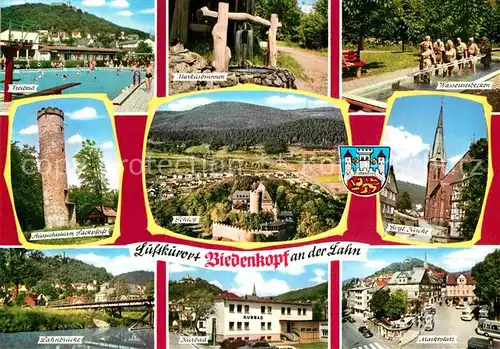 AK / Ansichtskarte Biedenkopf Freibad Aussichtsturm Lahnbruecke Brunnen Schloss Kurbad Wassertreten Kirche Marktplatz Kat. Biedenkopf