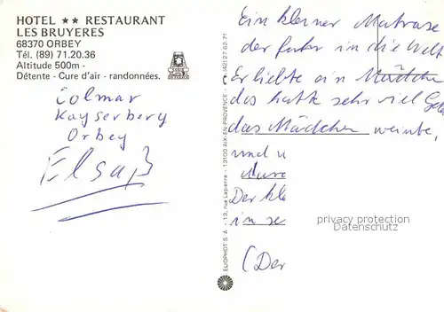 AK / Ansichtskarte Orbey Haut Rhin Hotel Restaurant Les Bruyeres Gastraum Zimmer Kat. Orbey