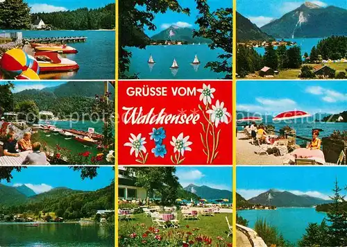 AK / Ansichtskarte Walchensee Panorama mit Alpenblick Restaurant Terrasse Bootsanleger Segeln Kat. Kochel a.See